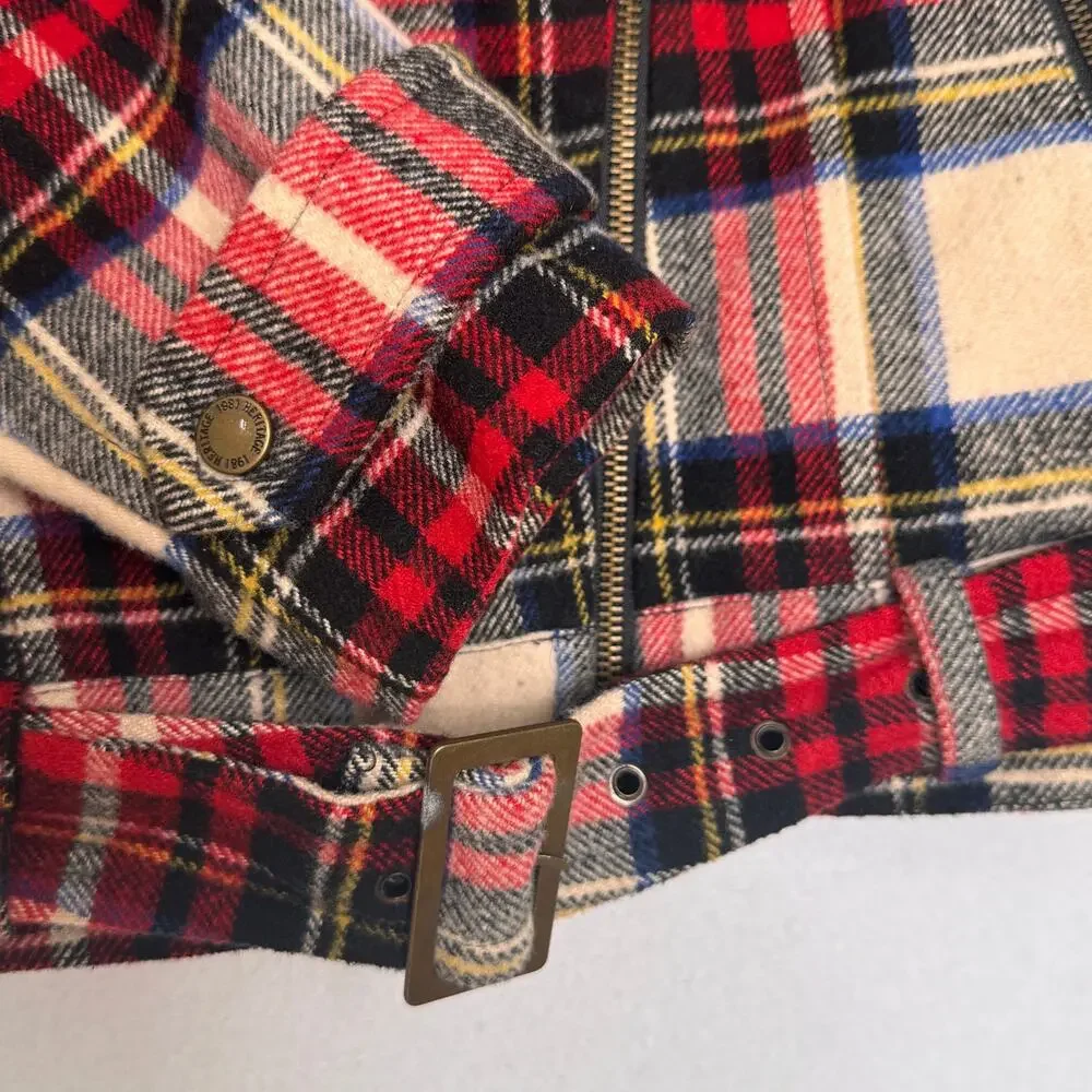 Heritage 1981 Wool Blend Plaid Moto Biker Jacket Belted Red Tartan Preppy Small